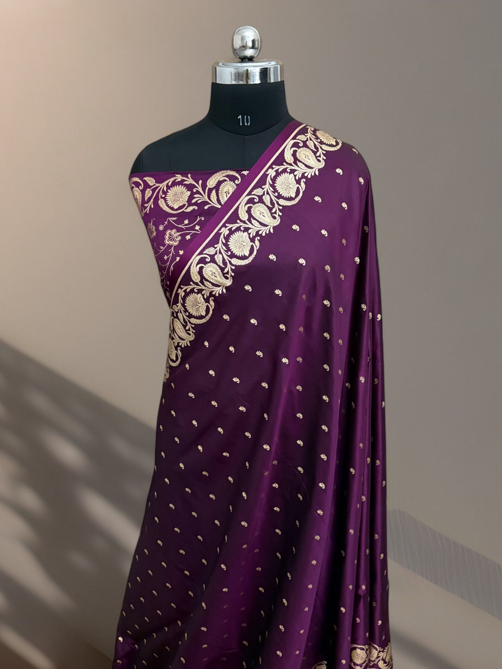 Wine Mashru Silk Banarasi Saree with Golden Zari Work