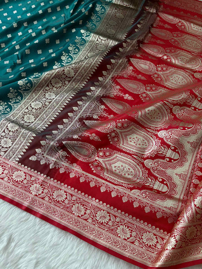 Rama Green & Red Buti Satin Silk Banarasi Saree