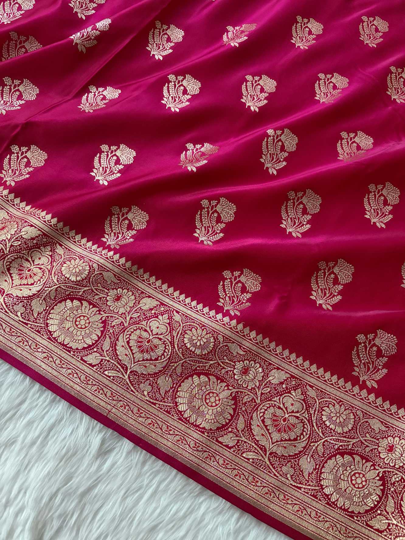 Rani Pink Satin Silk Banarasi Fancy Motif Saree