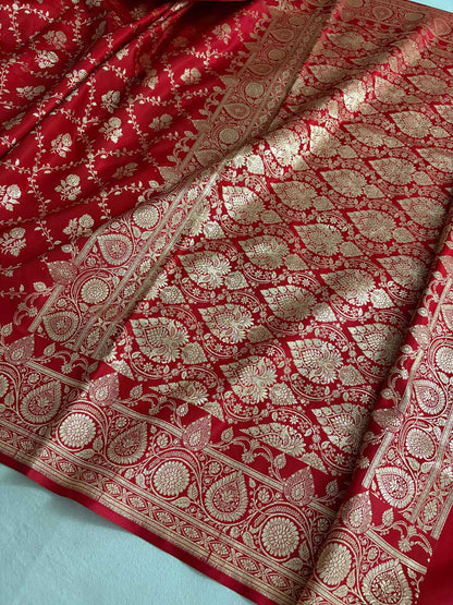 Red Bel Jaal Satin Silk Banarasi Saree