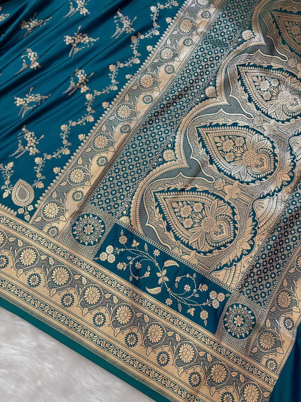 Blue-Green Soft Kataan Silk Banarasi Saree