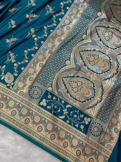 Blue-Green Soft Kataan Silk Banarasi Saree
