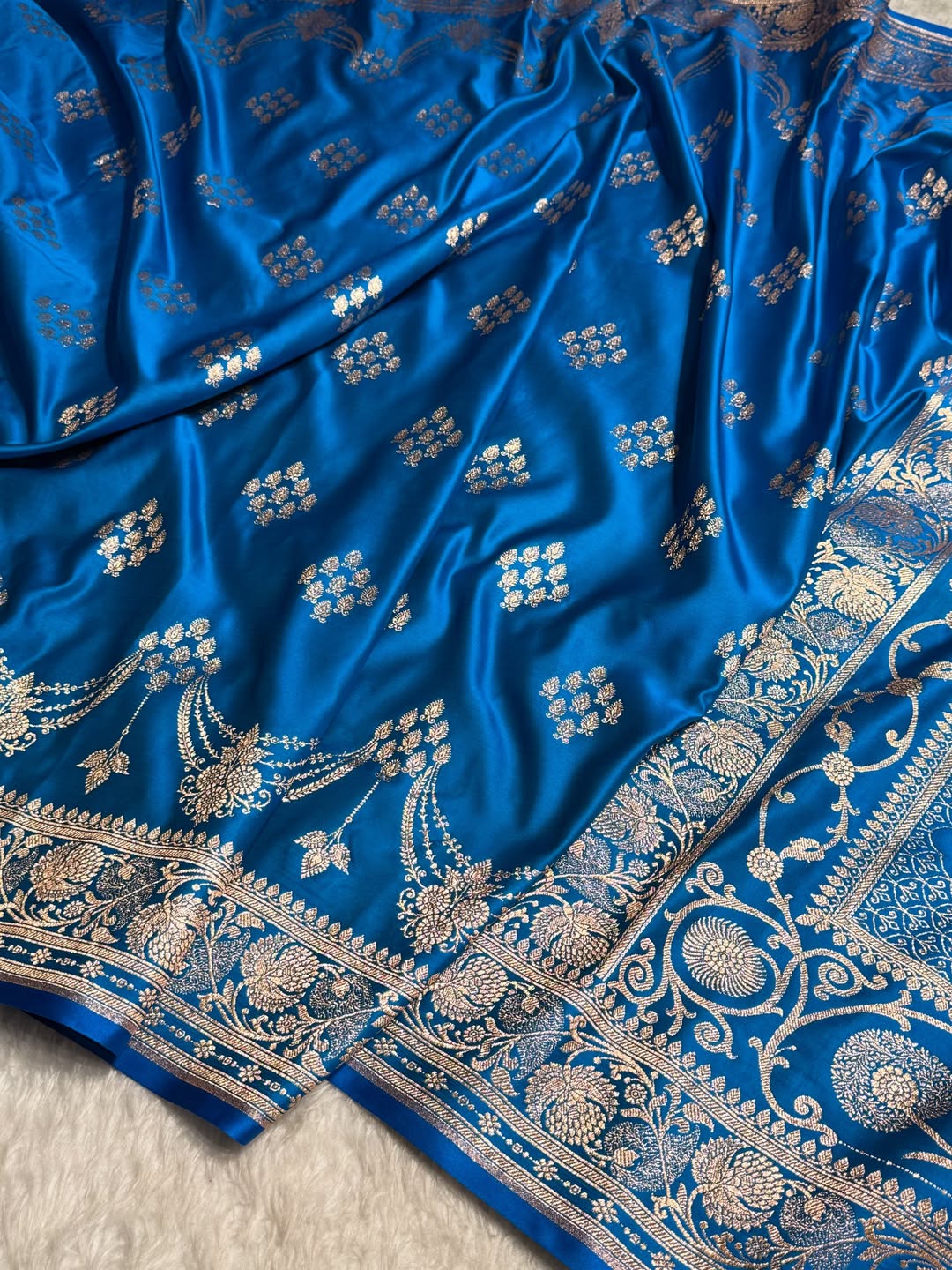 Royal Blue Kataan Silk Banarasi Saree – Light Golden Zari Buti