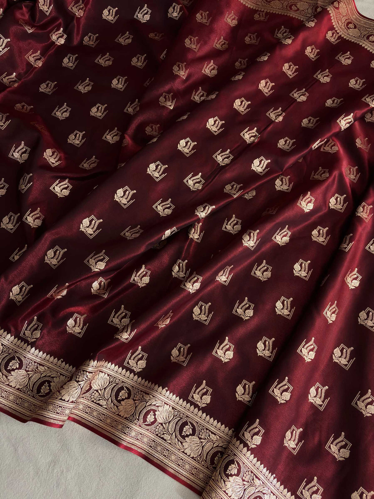 Dark Maroon Satin Silk Saree Banarasi Motif