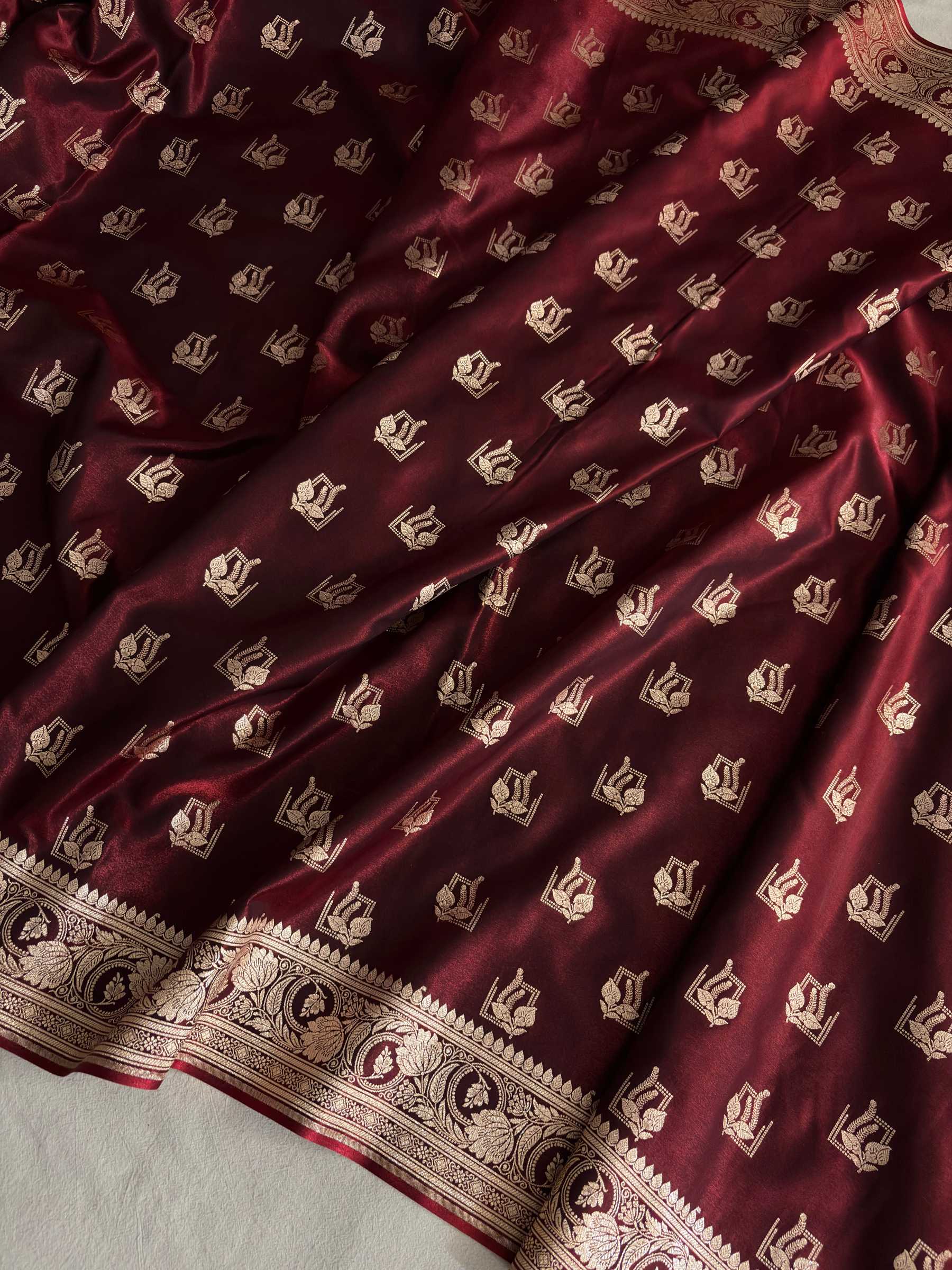 Dark Maroon Satin Silk Saree Banarasi Motif