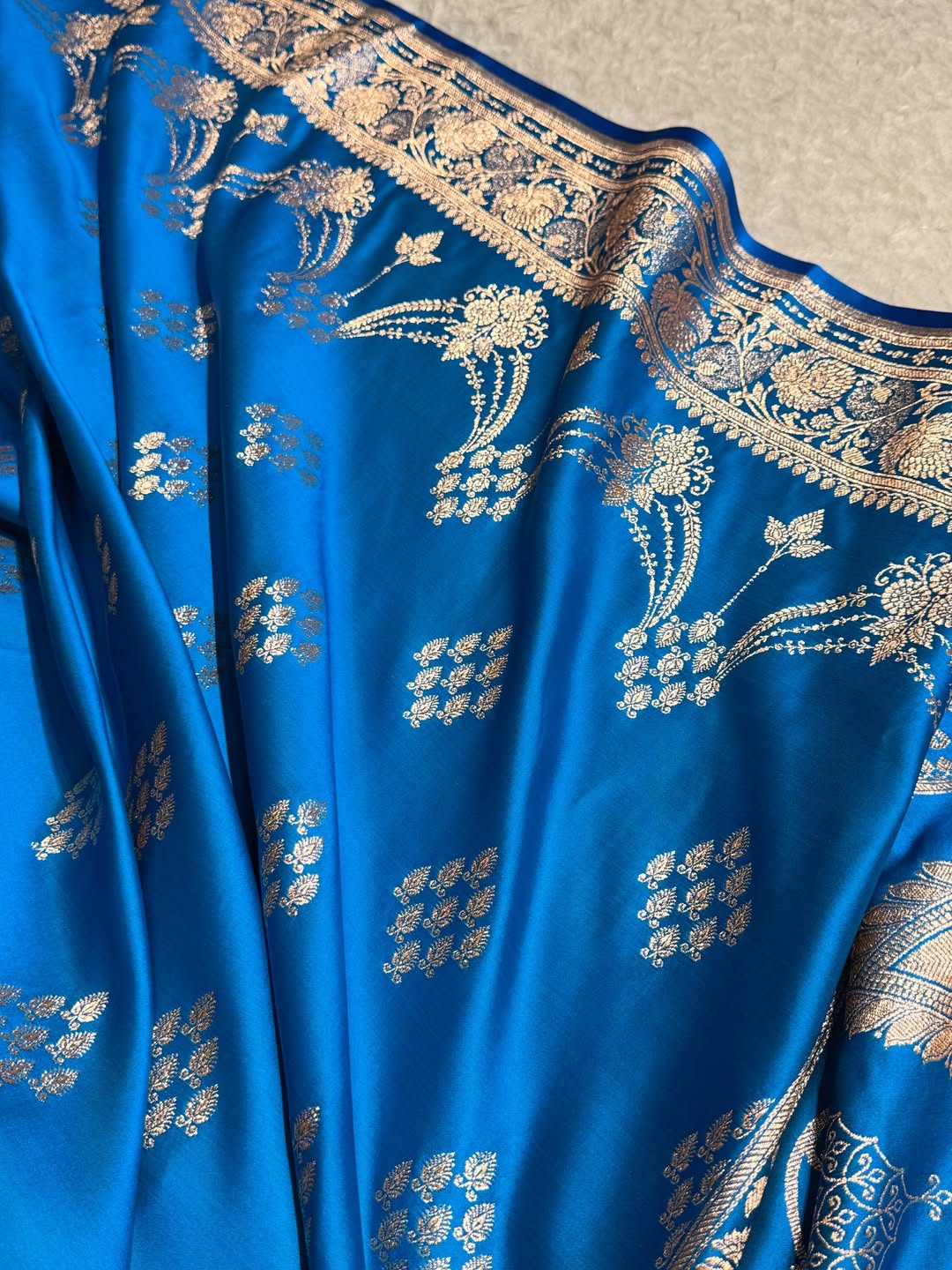 Royal Blue Kataan Silk Banarasi Saree – Light Golden Zari Buti