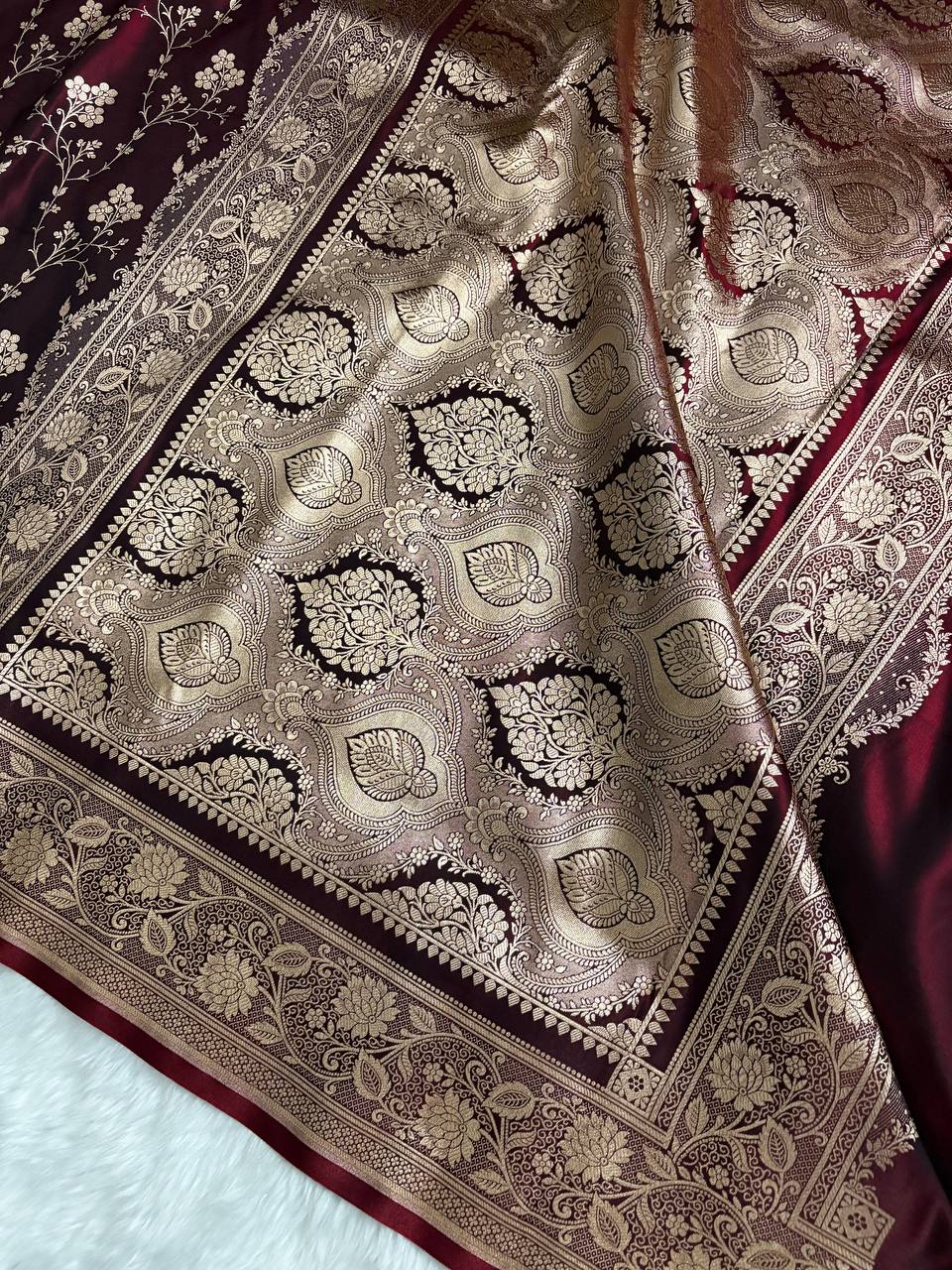 Dark Maroon Satin Silk Banarasi Saree with Jaal Pattern