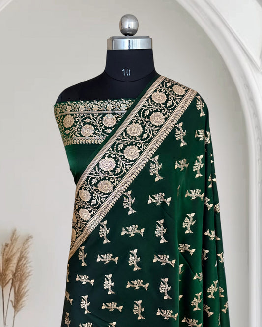 Dark Green Satin Silk Banarasi Fancy Motif Saree