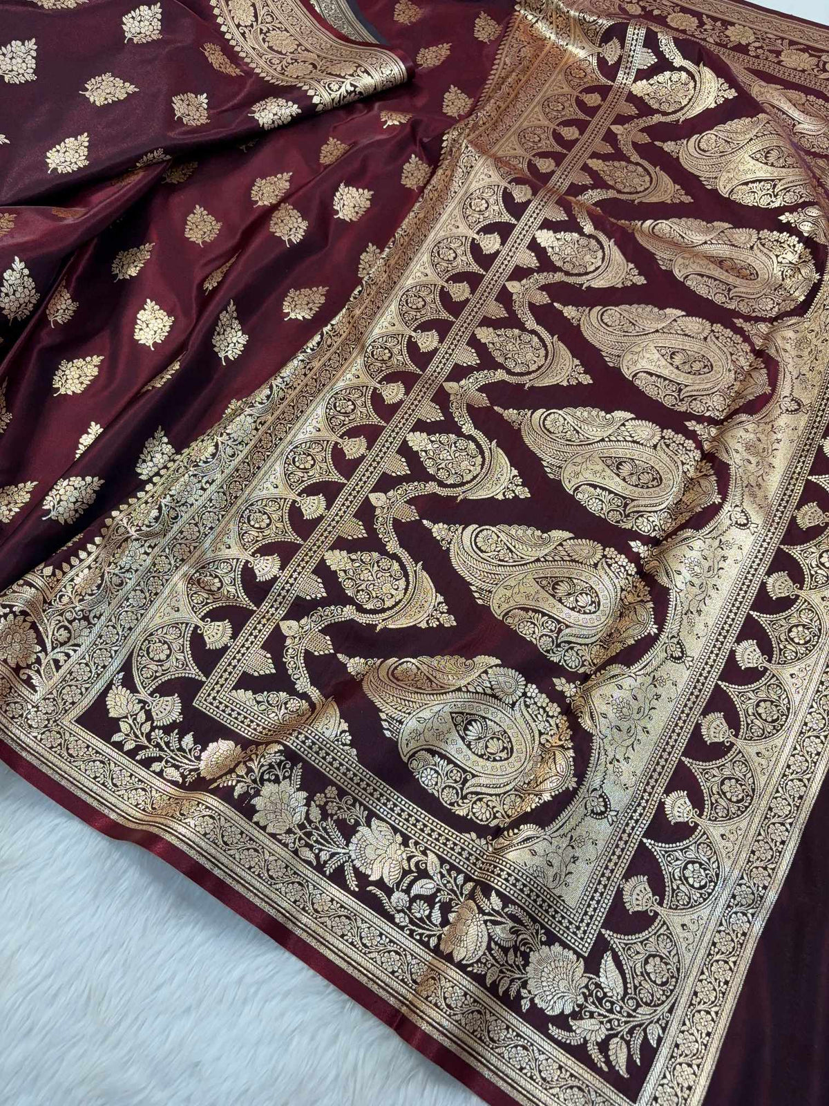 Dark Maroon Shaded New Motif Satin Silk Banarasi Saree