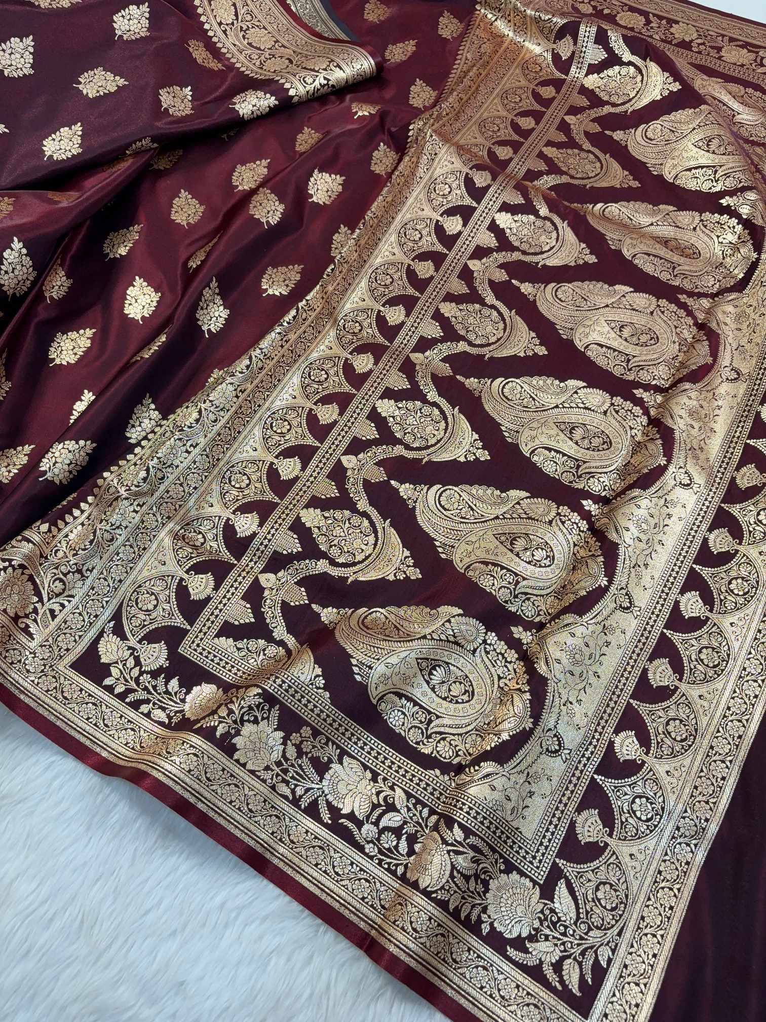 Dark Maroon Shaded New Motif Satin Silk Banarasi Saree