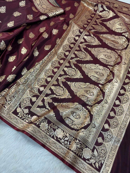Dark Maroon Shaded New Motif Satin Silk Banarasi Saree