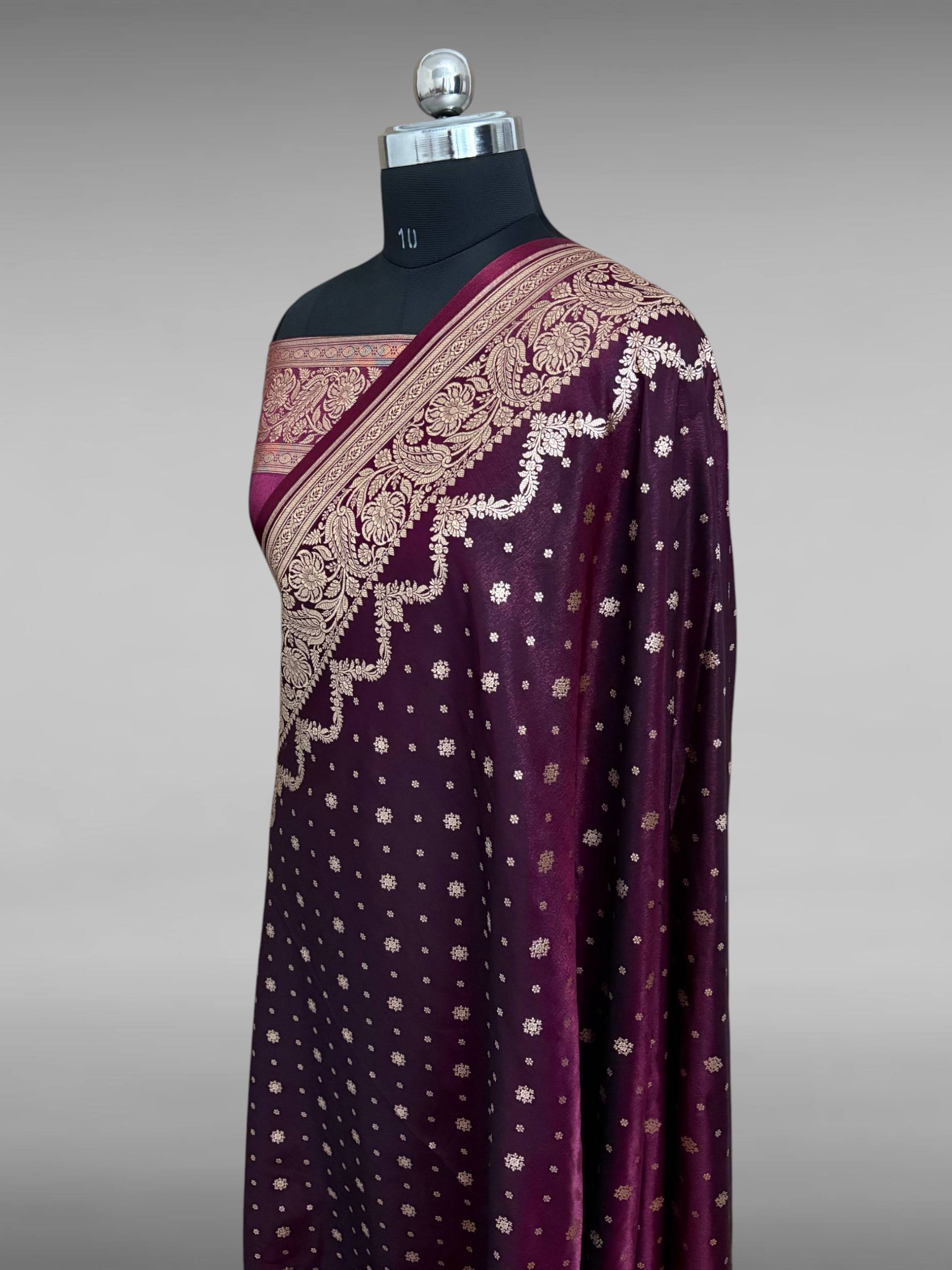Wine Satin Silk Banarasi Saree – Light Golden Zari Buti Work