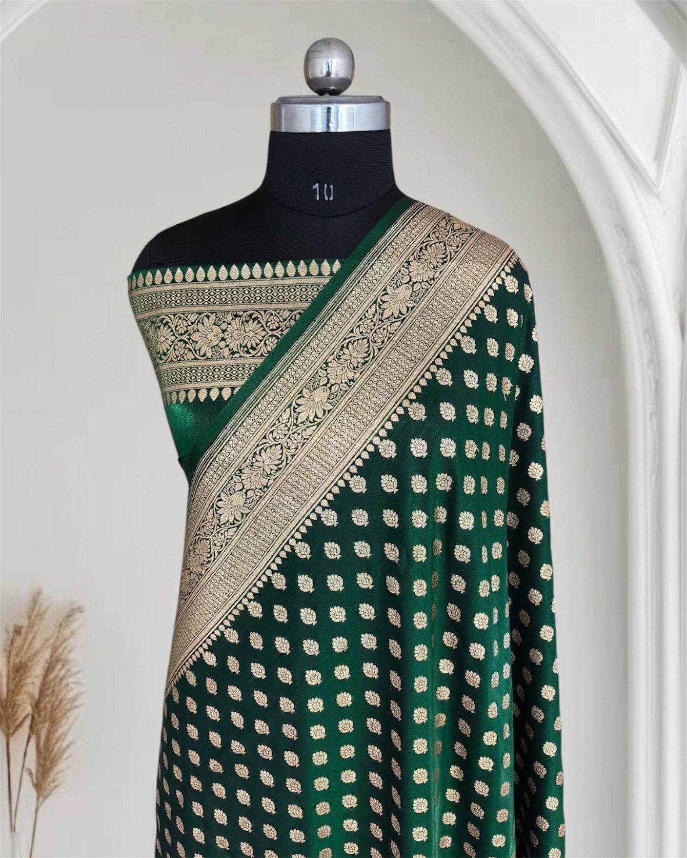 Dark Green Satin Silk Banarasi Motif Saree