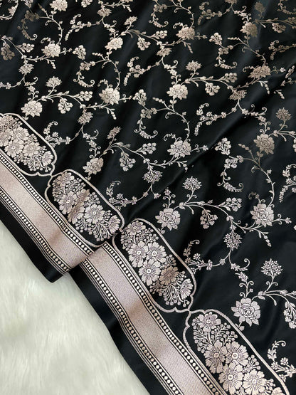 Black Soft Kataan Silk Banarasi Saree With Silver Zari