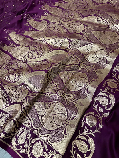 Wine Mashru Silk Banarasi Saree with Golden Zari Work