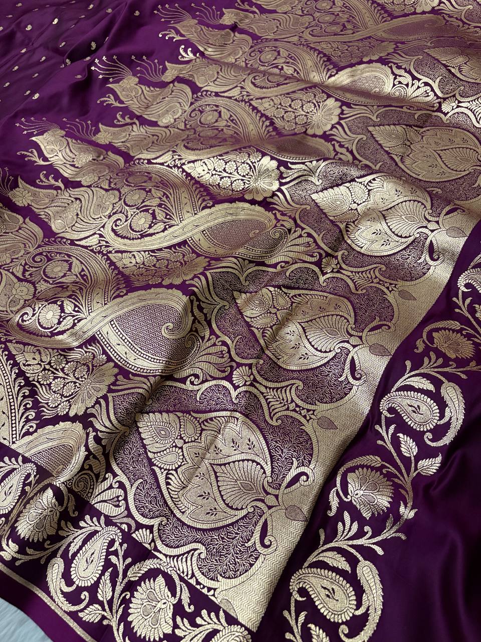 Wine Mashru Silk Banarasi Saree with Golden Zari Work