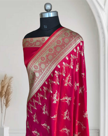 Red Pink Shaded Soft Kataan Silk Banarasi Saree Light Gold Work