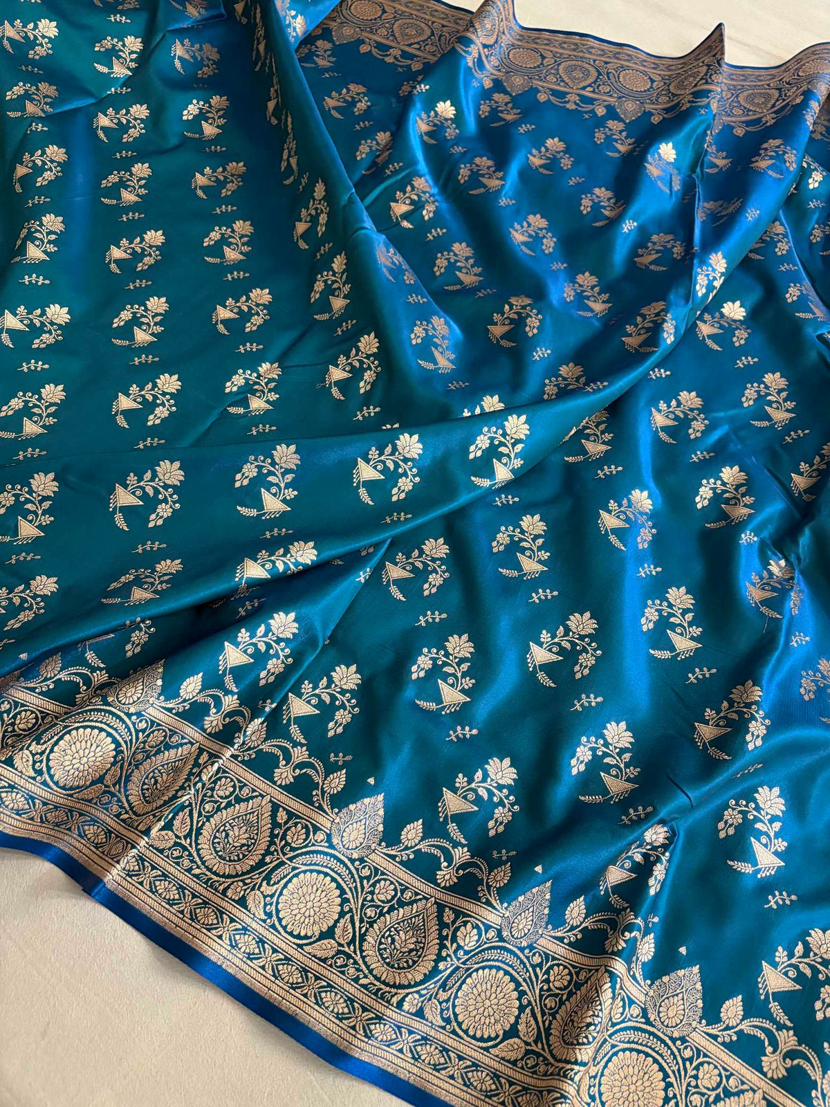 Firozi Fancy Motif Satin Silk Banarasi Saree
