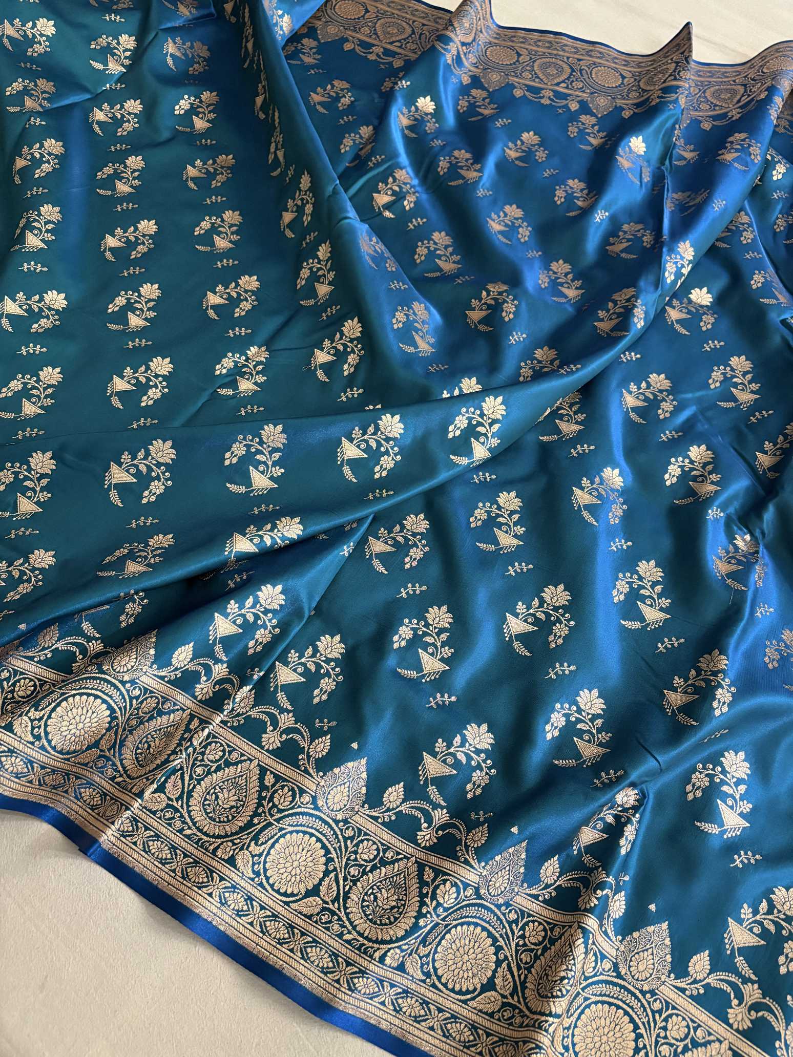 Firozi Fancy Motif Satin Silk Banarasi Saree