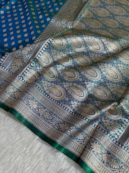 DhupChav Motif Satin Silk Banarasi Saree with Golden Zari