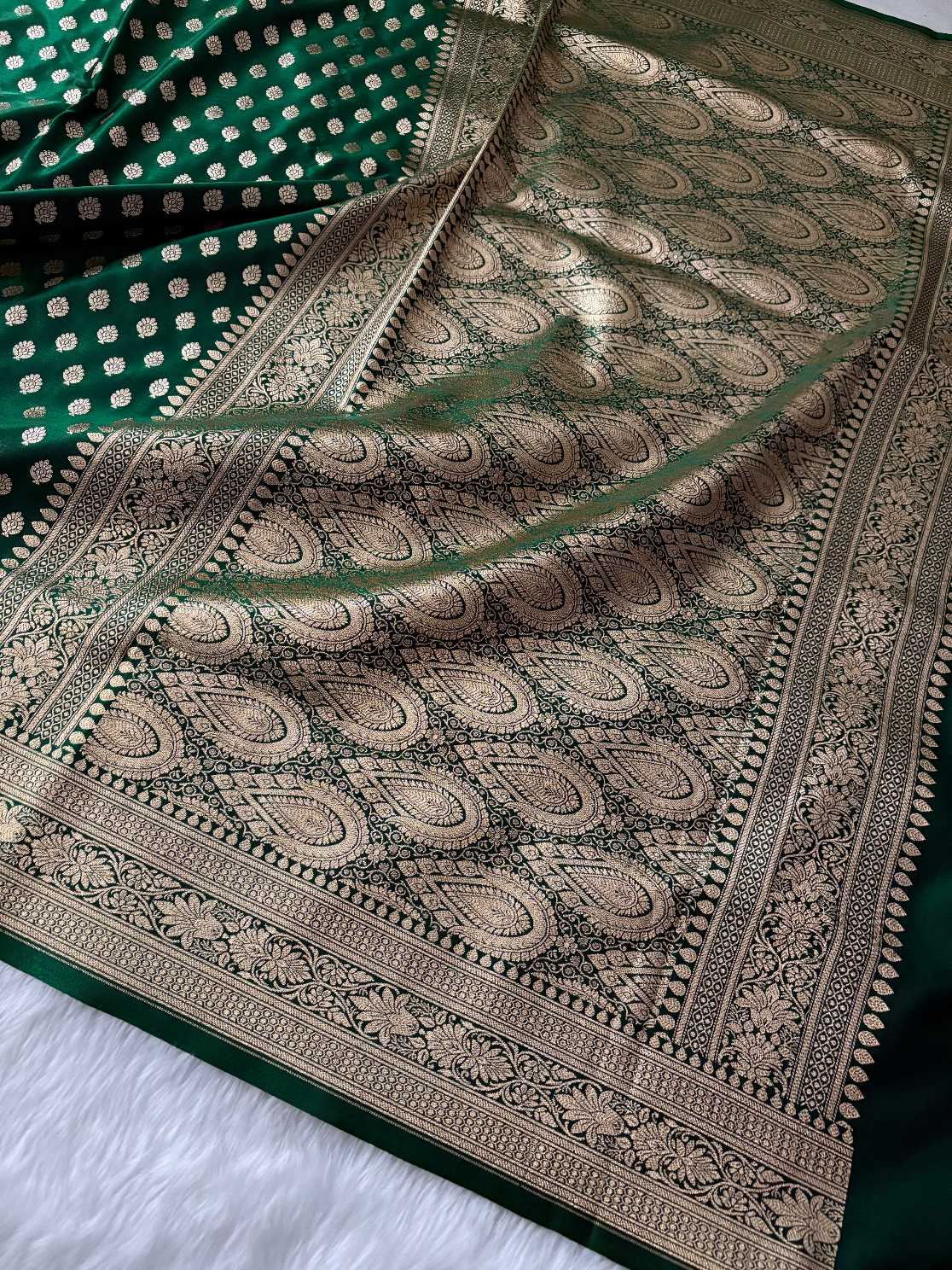 Dark Green Satin Silk Banarasi Motif Saree