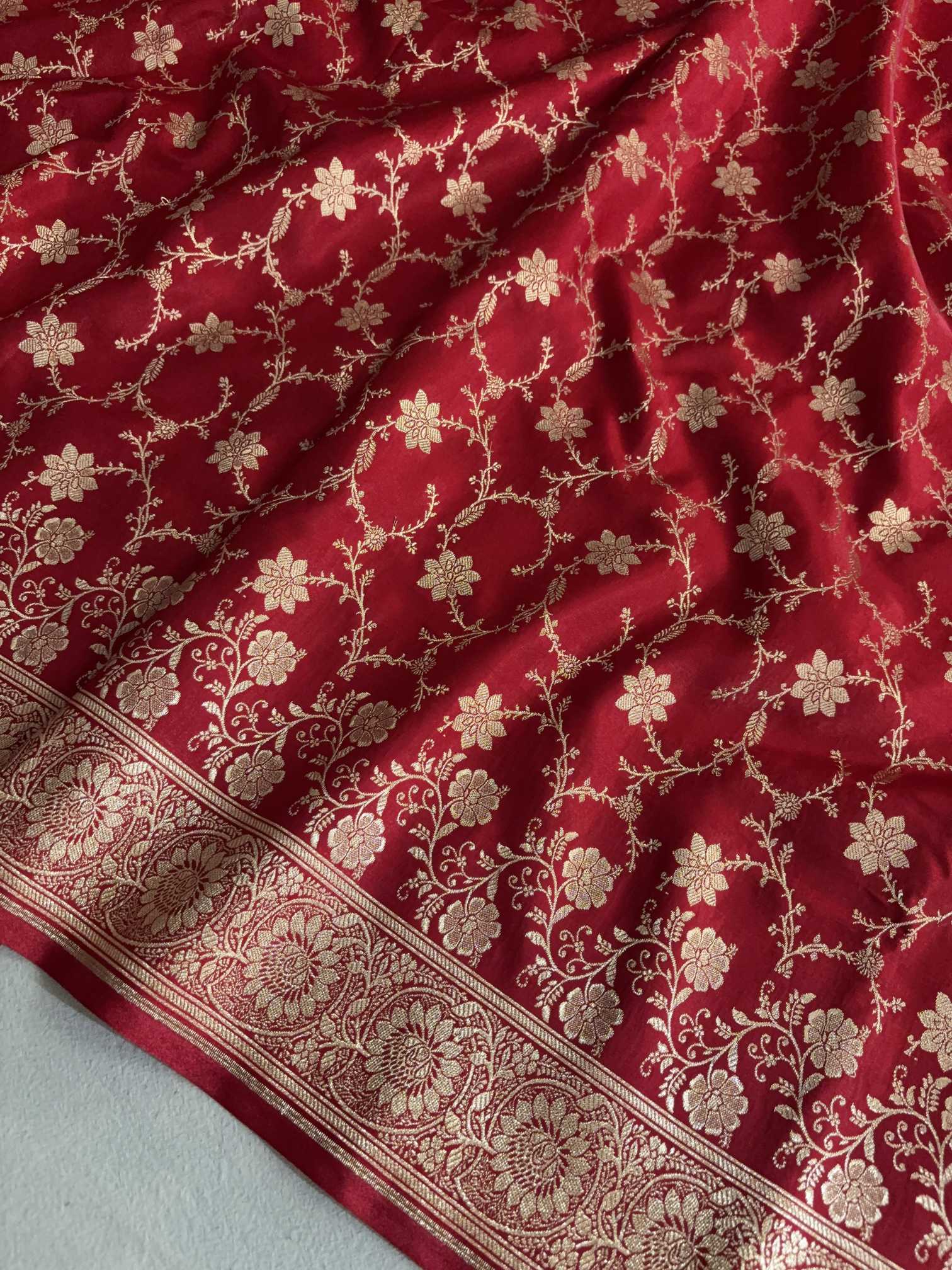 Red Satin Silk Banarasi Saree Floral Swarna Latika Jaal