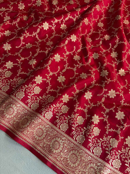Red Satin Silk Banarasi Saree Floral Swarna Latika Jaal