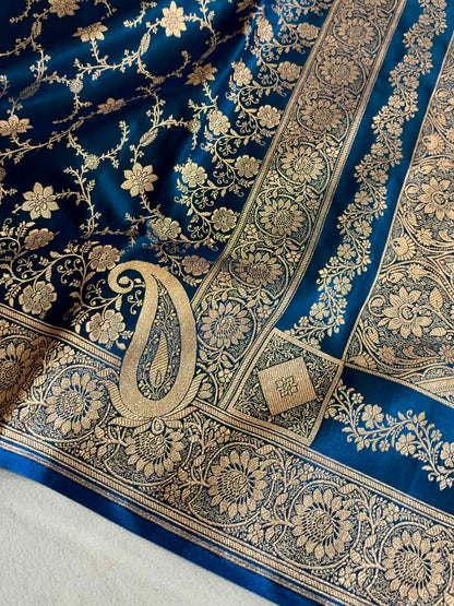 Teal Blue Satin Silk Banarasi Saree Floral Swarna Latika Jaal