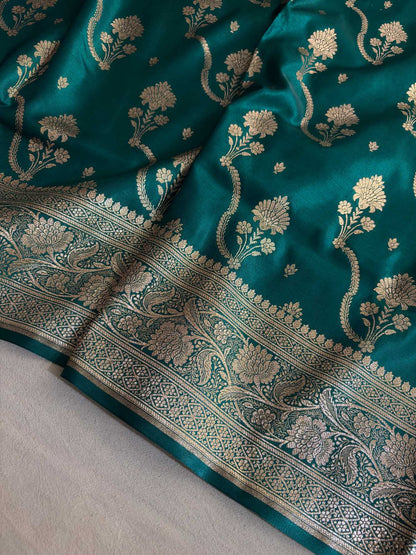 Rama Green Fancy Satin Silk Banarasi Saree – Tircha Jaal