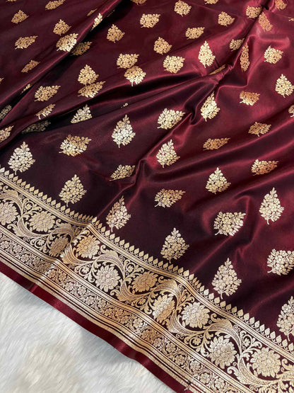 Dark Maroon Shaded New Motif Satin Silk Banarasi Saree