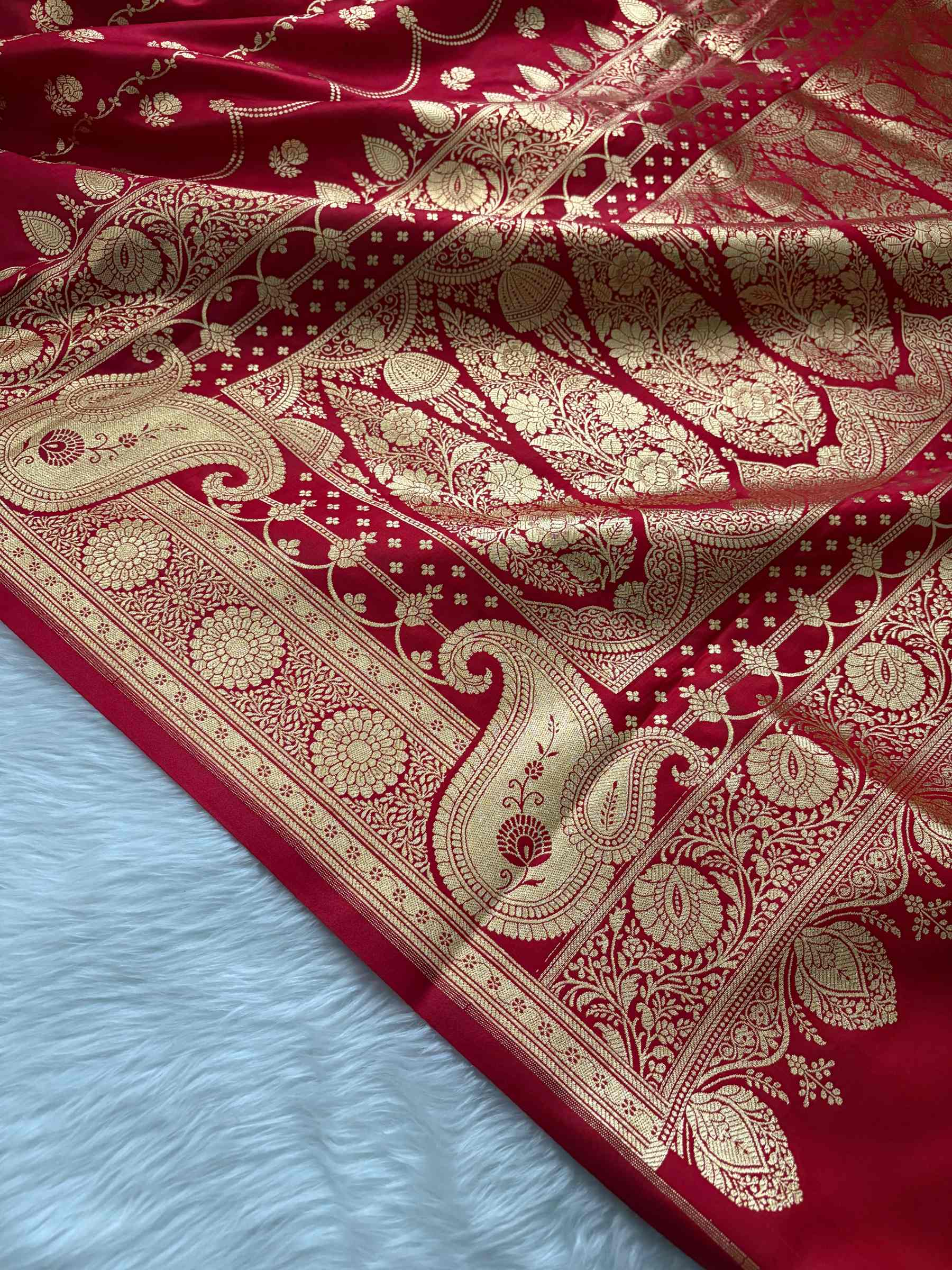 Red Araa Jaal Satin Silk Banarasi saree