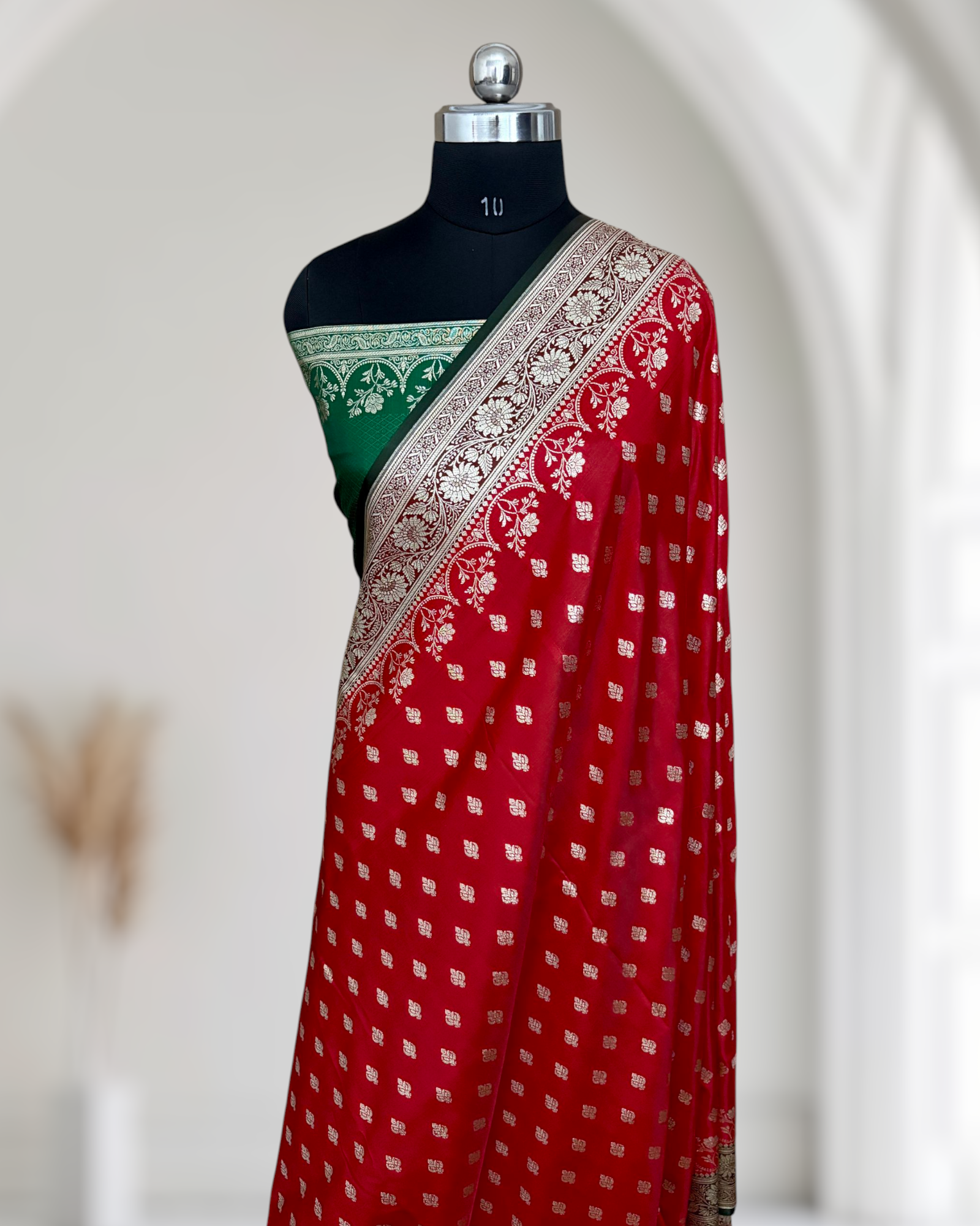 Red with Green Pallu & Border Satin Silk Banarasi Saree