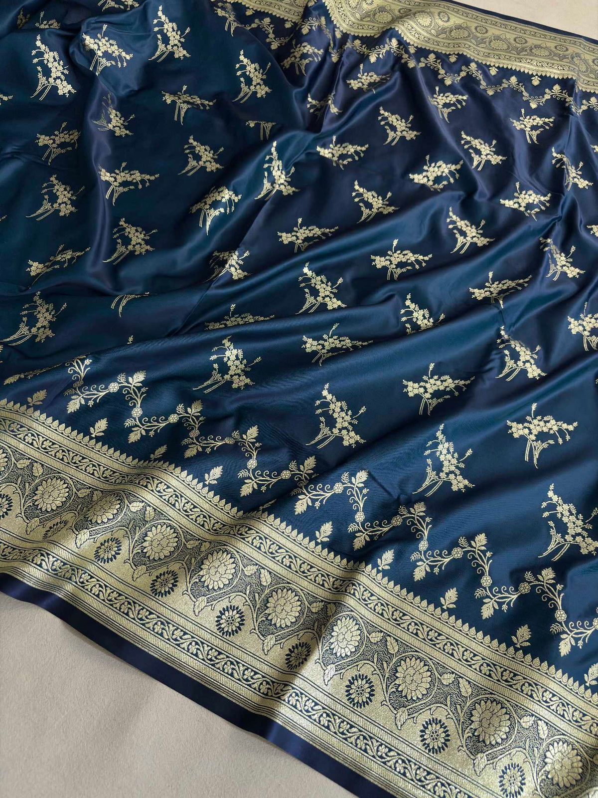 Neavy Blue Soft Kataan Silk Banarasi Saree Light Gold Work