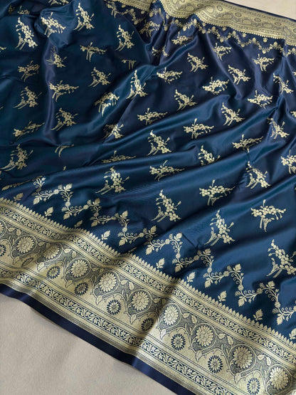 Neavy Blue Soft Kataan Silk Banarasi Saree Light Gold Work