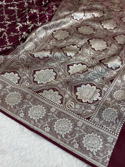 Garnet Satin Kataan Silk Banarasi Saree Heavy Jaal Design