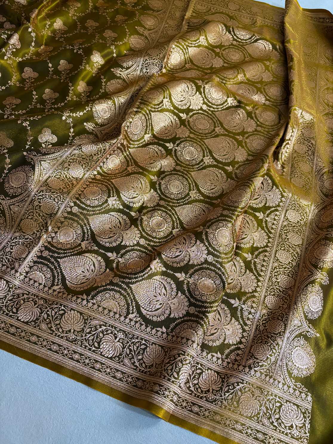 Satin Silk Saree Banarasi Jaal in Mehdi Shades