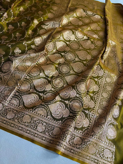 Satin Silk Saree Banarasi Jaal in Mehdi Shades