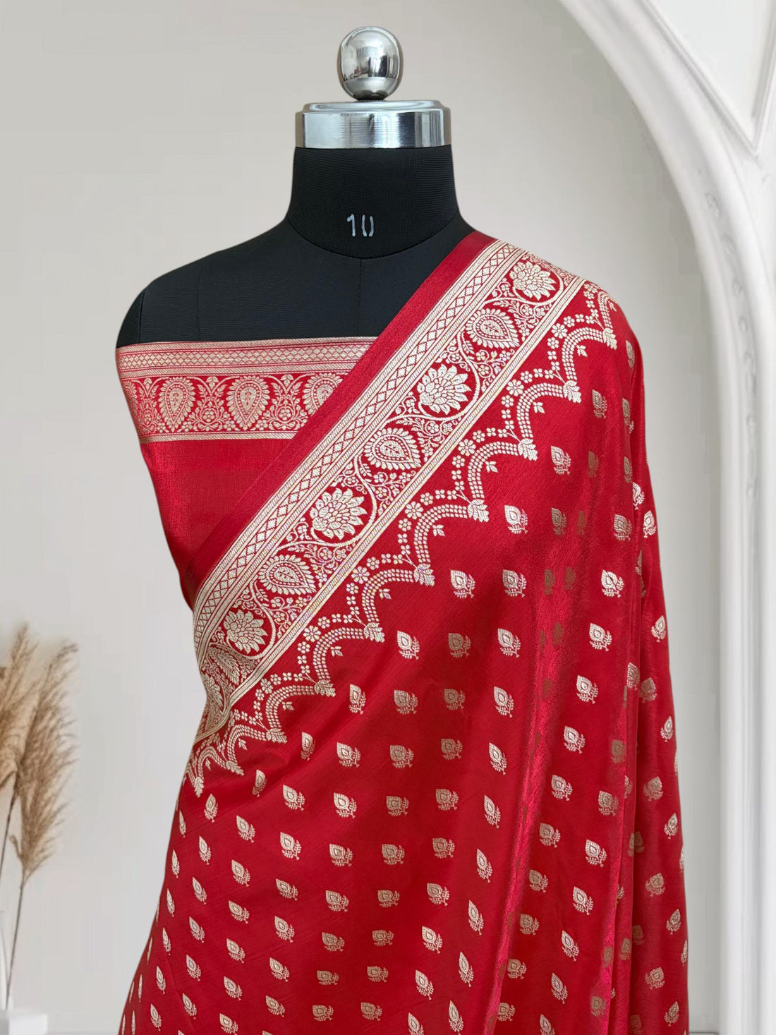 Red Satin Silk Banarasi Saree Motif Buti