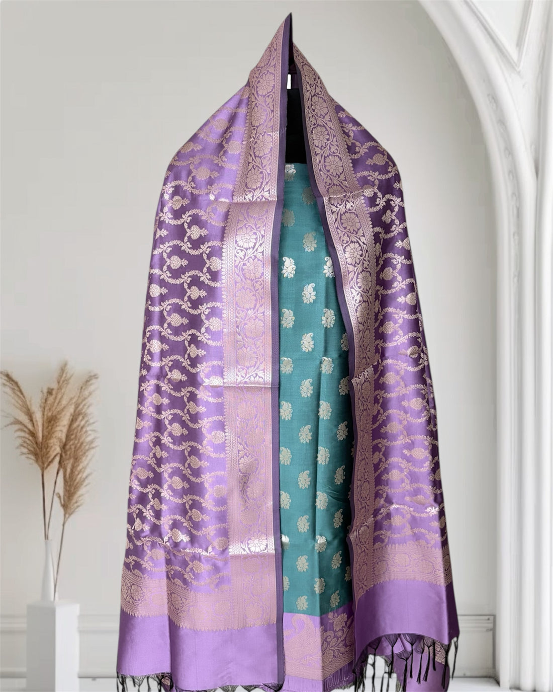 Lovender and Safaya Green Satin Silk Banarasi Suit