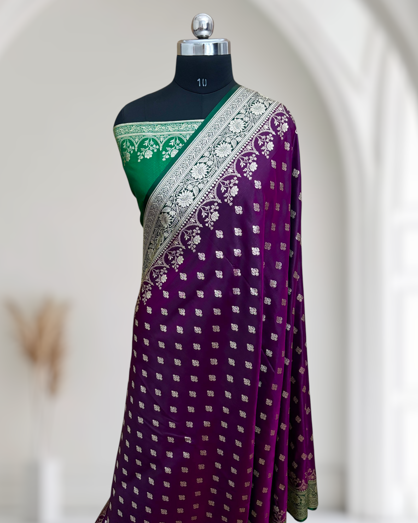 Wine with Green Pallu & Border Banarasi Saree