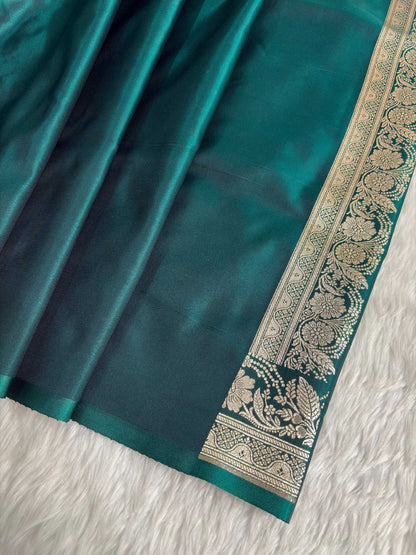 Phanki Motif Teal Green Satin Silk Banarasi Saree with Golden Zari