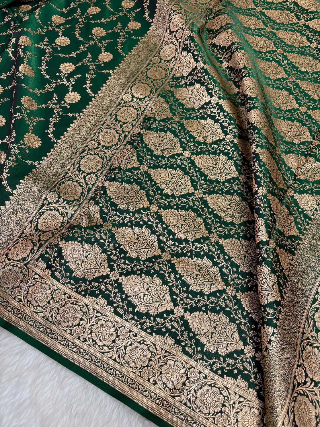 Botel Green Satin Silk Banarasi Saree with Golden Zari Floral Bel Jaal