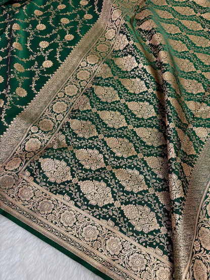 Botel Green Satin Silk Banarasi Saree with Golden Zari Floral Bel Jaal