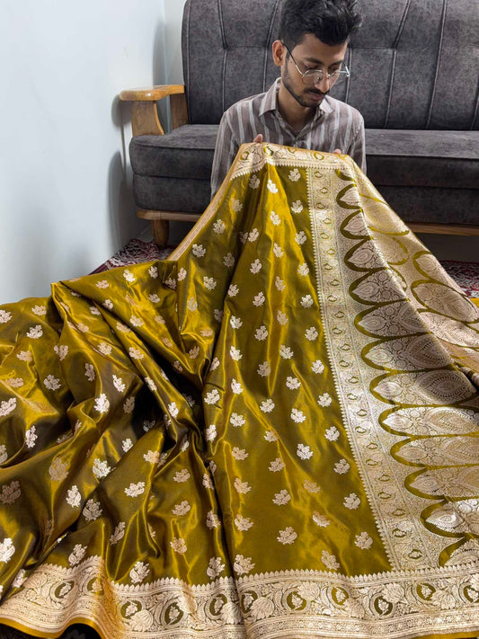 Mehdi Green Satin Silk Motif Banarasi Saree