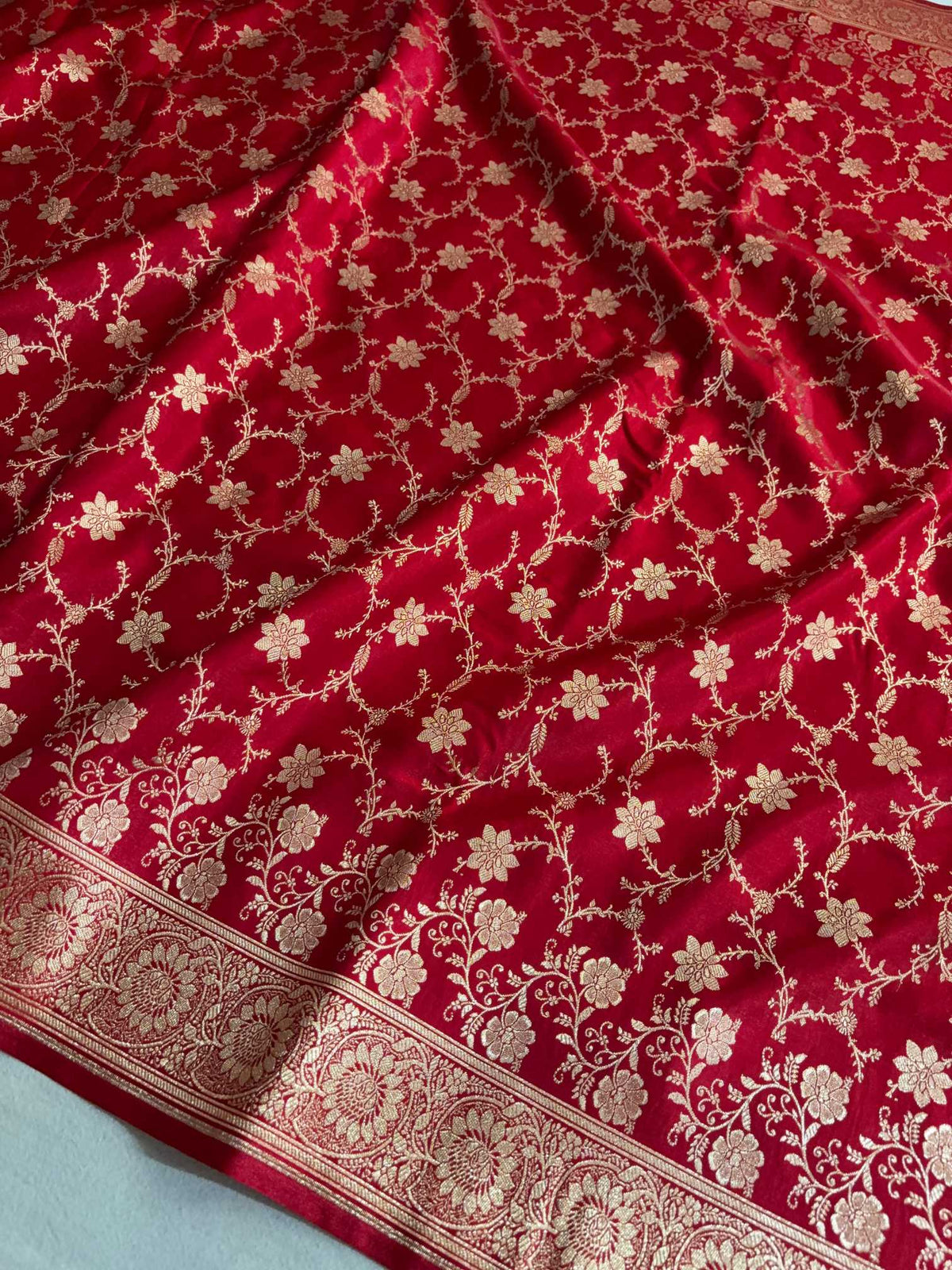 Red Satin Silk Banarasi Saree Floral Swarna Latika Jaal