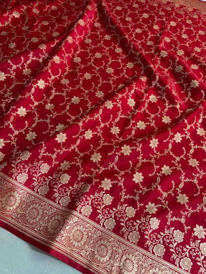 Red Satin Silk Banarasi Saree Floral Swarna Latika Jaal