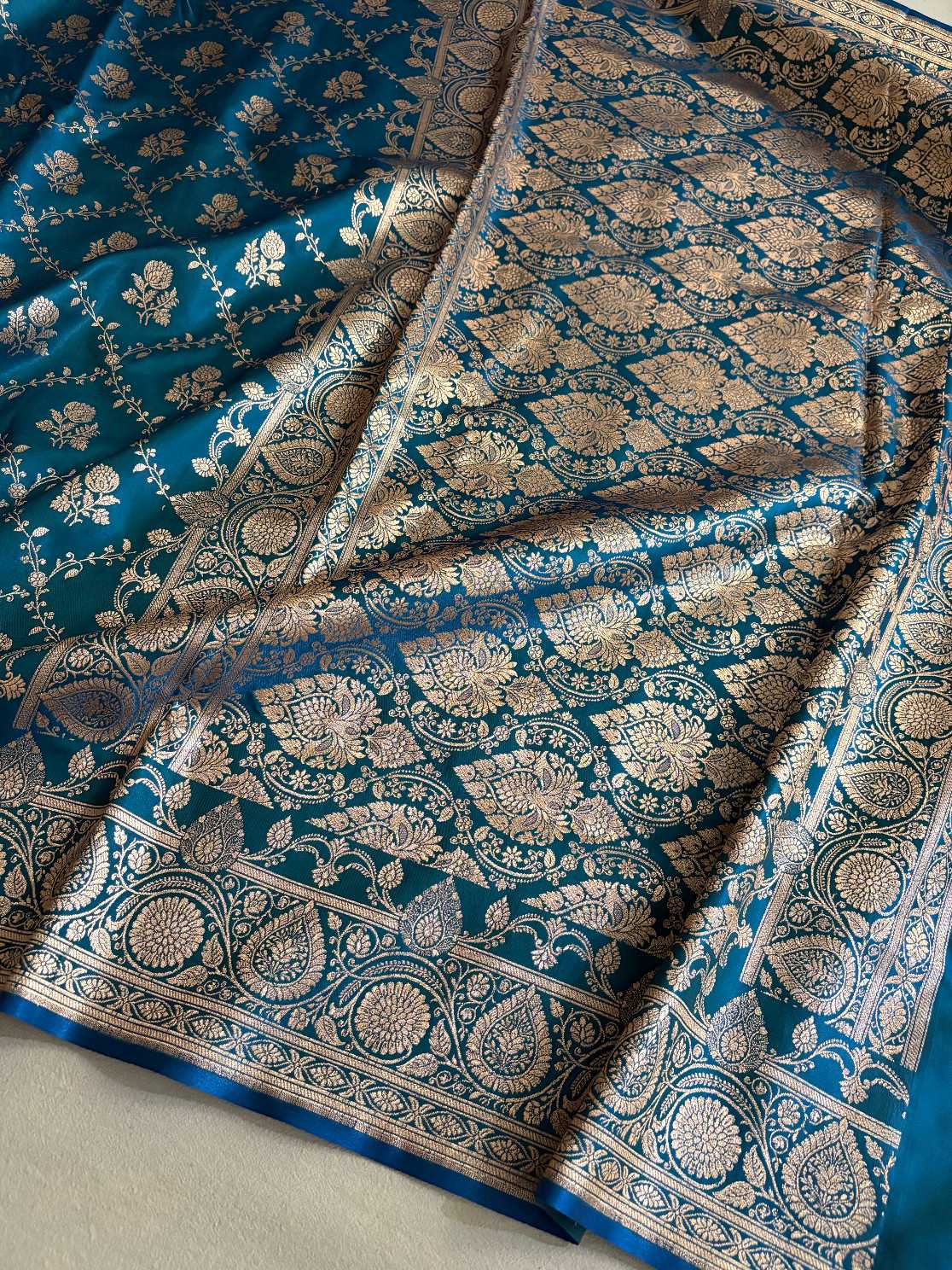 Blue-Green Bel Jaal Satin Silk Banarasi Saree