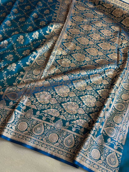 Blue-Green Bel Jaal Satin Silk Banarasi Saree