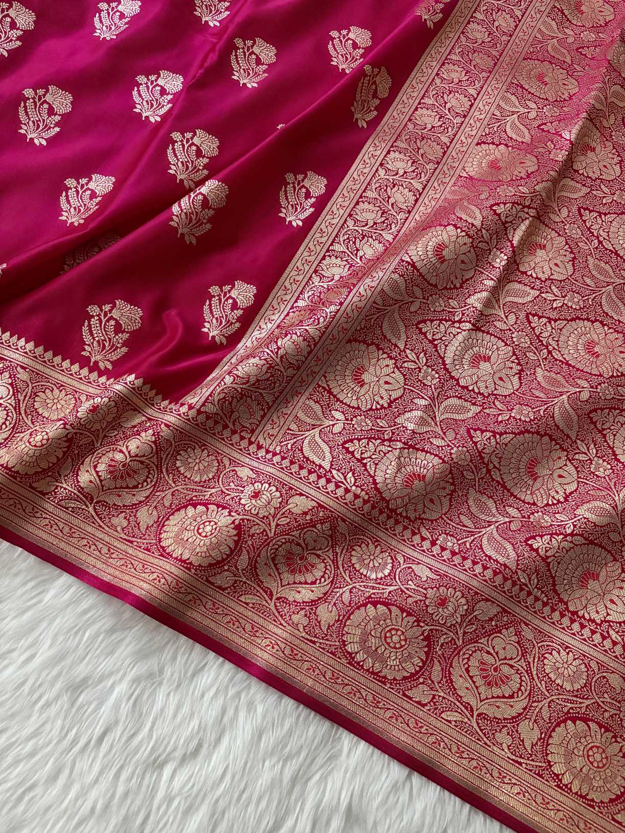 Rani Pink Satin Silk Banarasi Fancy Motif Saree