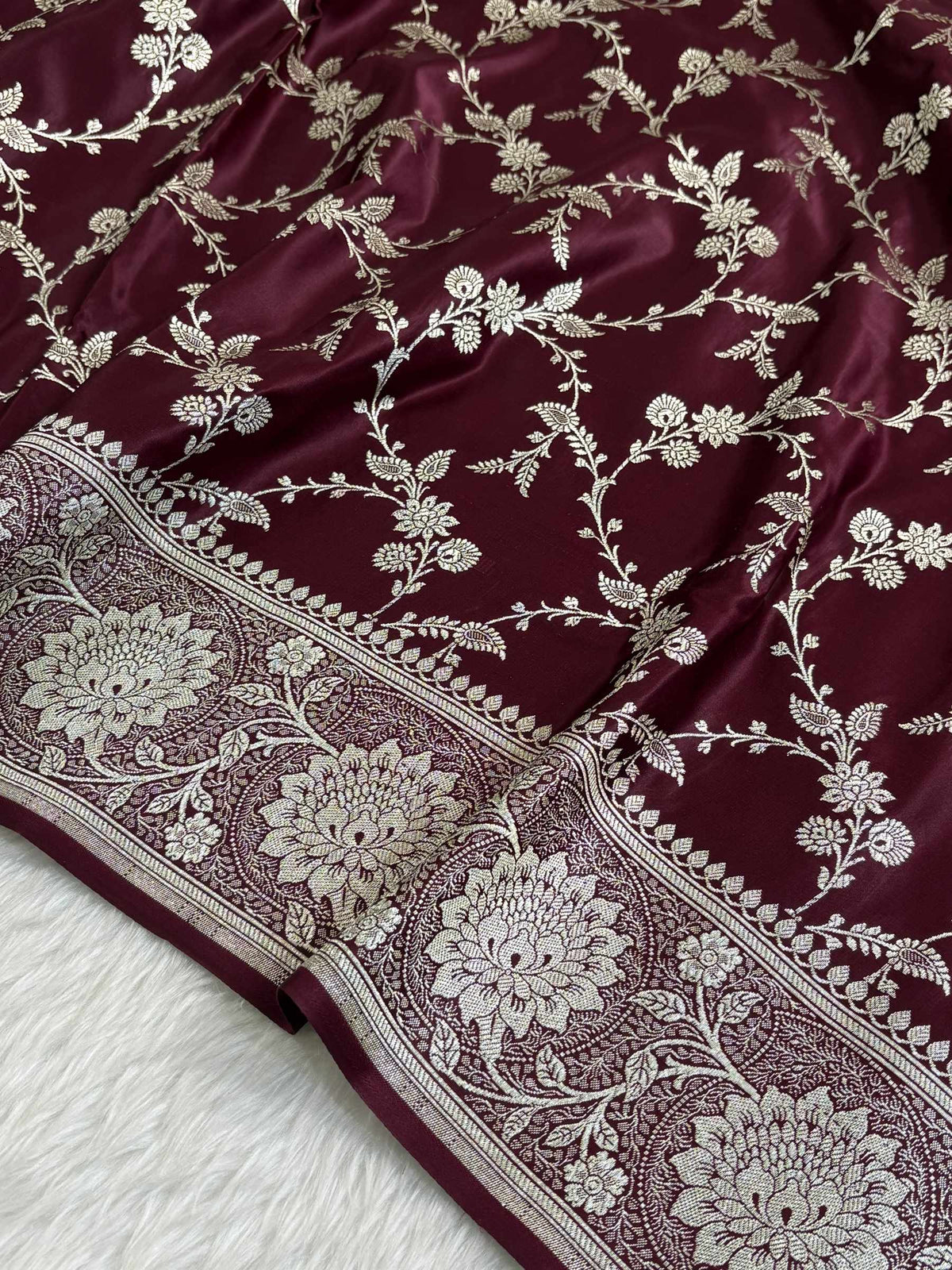 Garnet Satin Kataan Silk Banarasi Saree Heavy Jaal Design